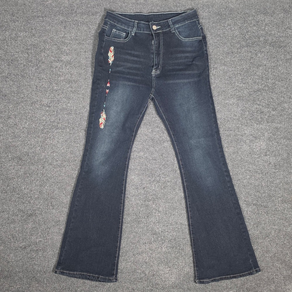 Womens Dark Wash Flare Jeans Feather Arrow Embroidered Boho Denim 27x27